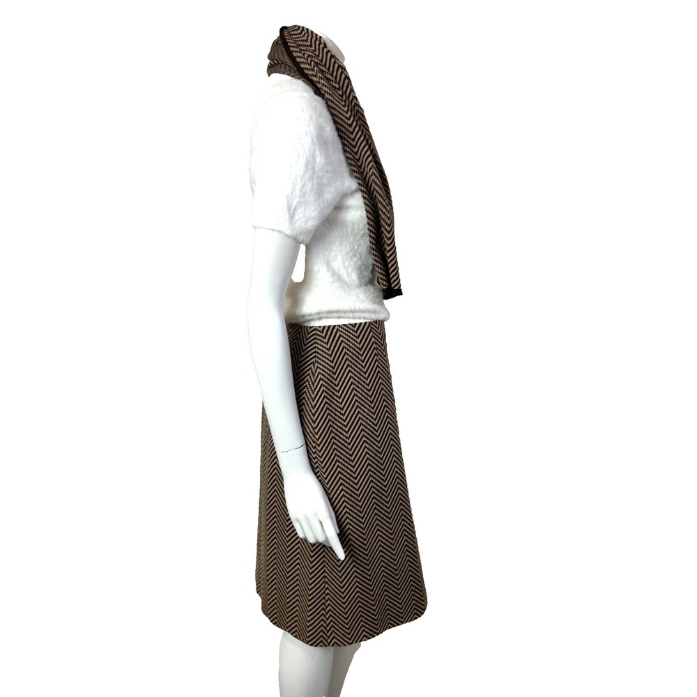 CELINE Paris Wool Skirt & Scarf Size 42 10 Herringbone Brown Made in France VGUC - Picture 8 of 15